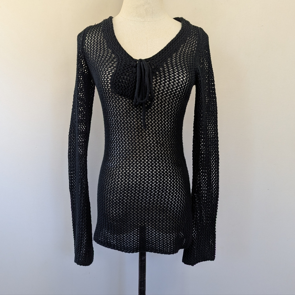 Black Crochet Open Knit Bell Sleeve Top‎ Whimsigoth Fairy Grunge Y2K